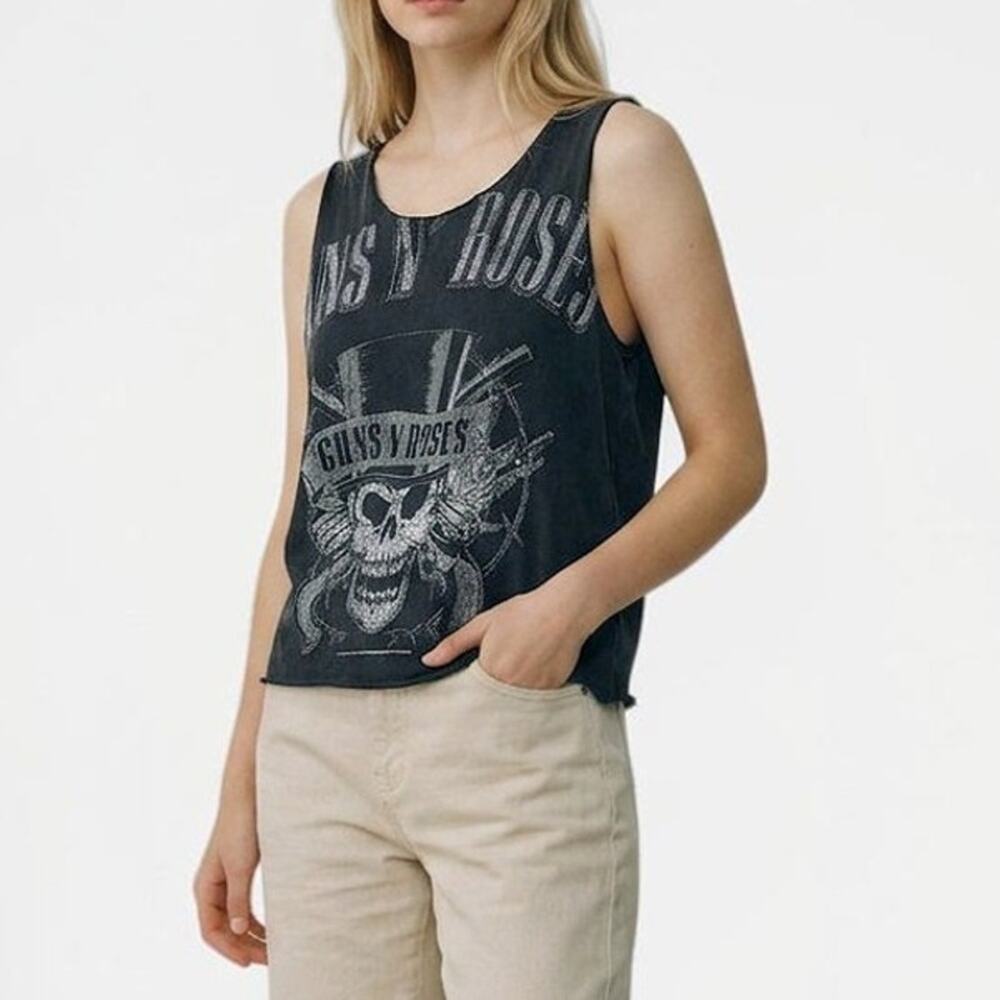 GUNS N' ROSES Black Distressed Cut Off Raw Hem Tank Top T-Shirt S M